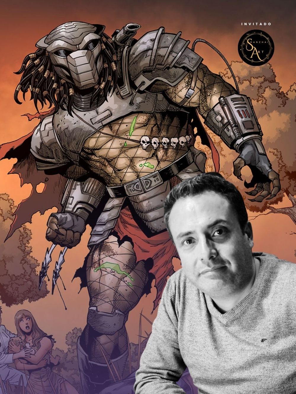 Alan Robinson junto a su ilustración de Predator