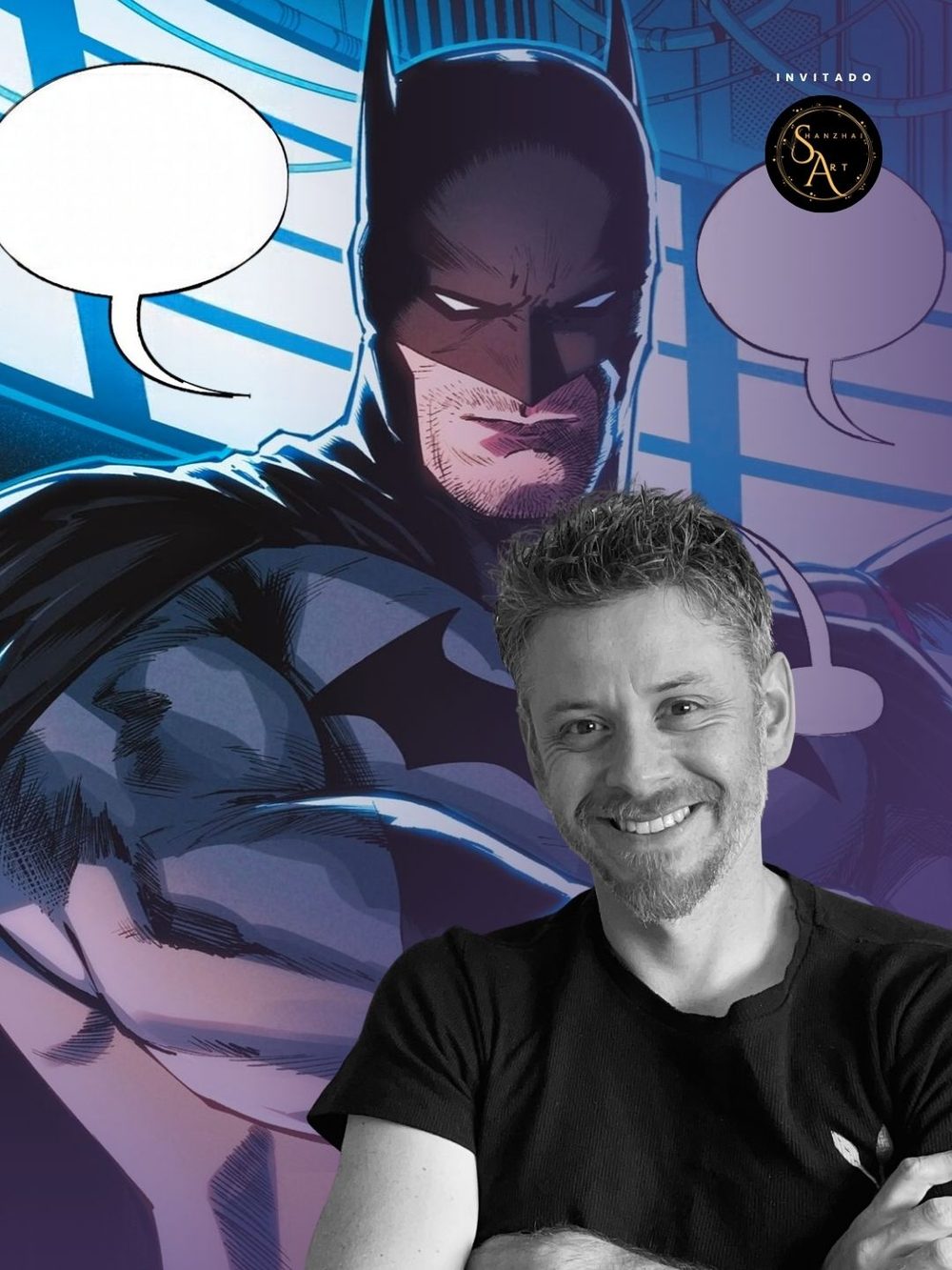 Amancay Nahuelpan junto a su ilustración de Batman